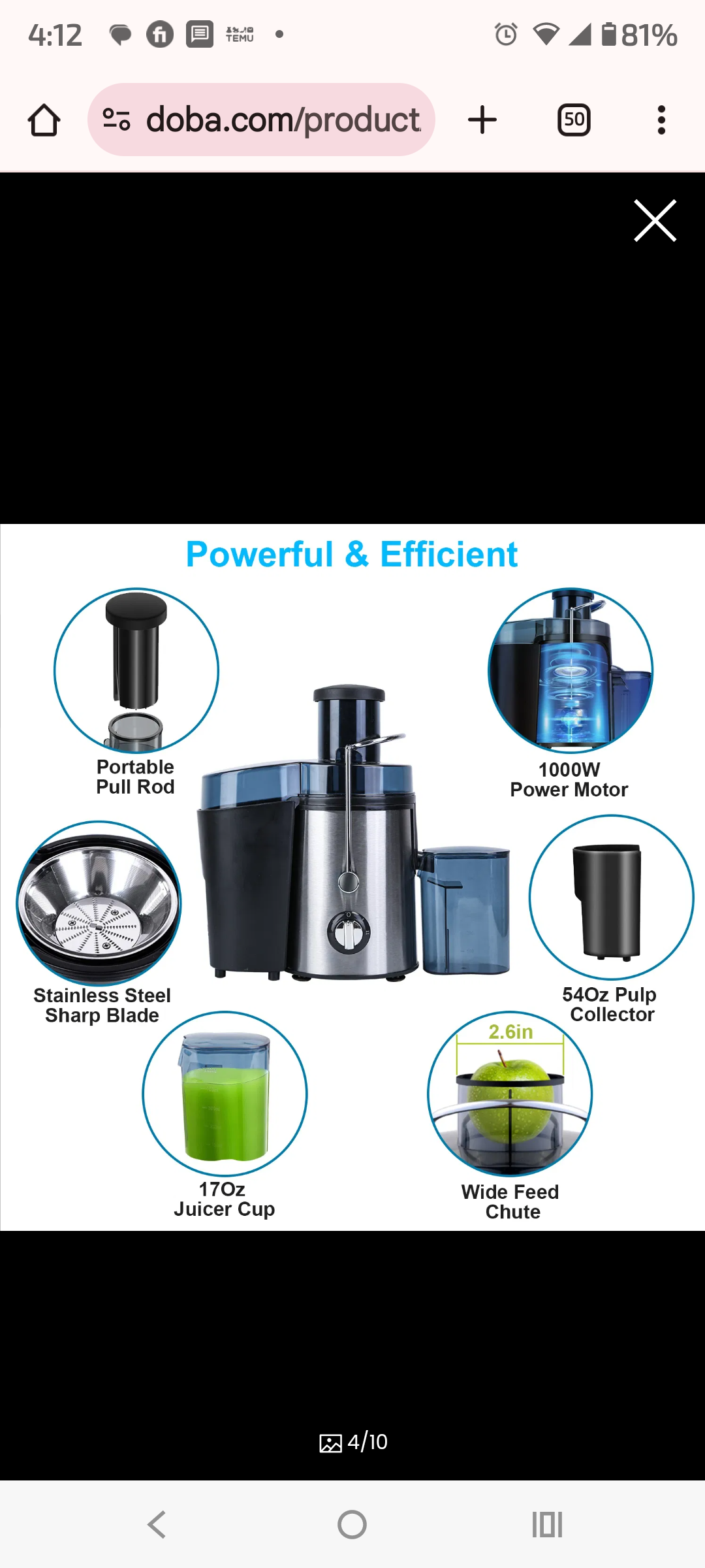 1000W Centrifugal Juice Extractor with 2 Speeds 3.6in Wide Feed Chute 17Oz Juicer Cup 54Oz Pulp Collector Electric Juicer for Fruits and Vegetables